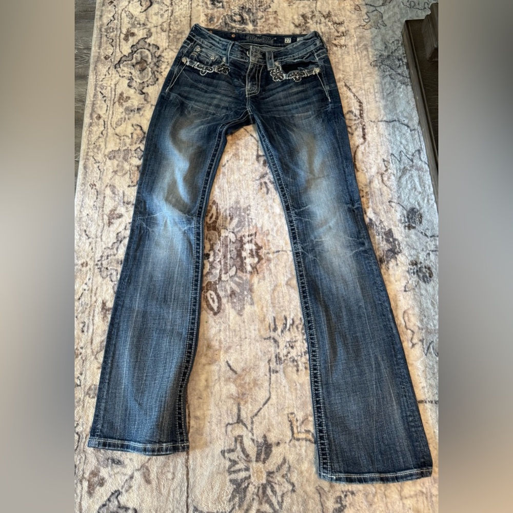 Miss Me Blue Boot Cut Jeans with Rhinestone Embellishments